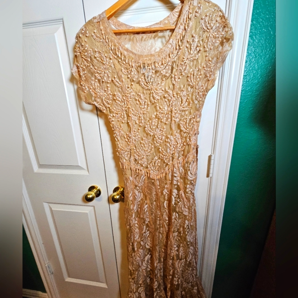 Jasmine by KVM Vintage lace,gold, fabric buttoned beaded lined formal Dress